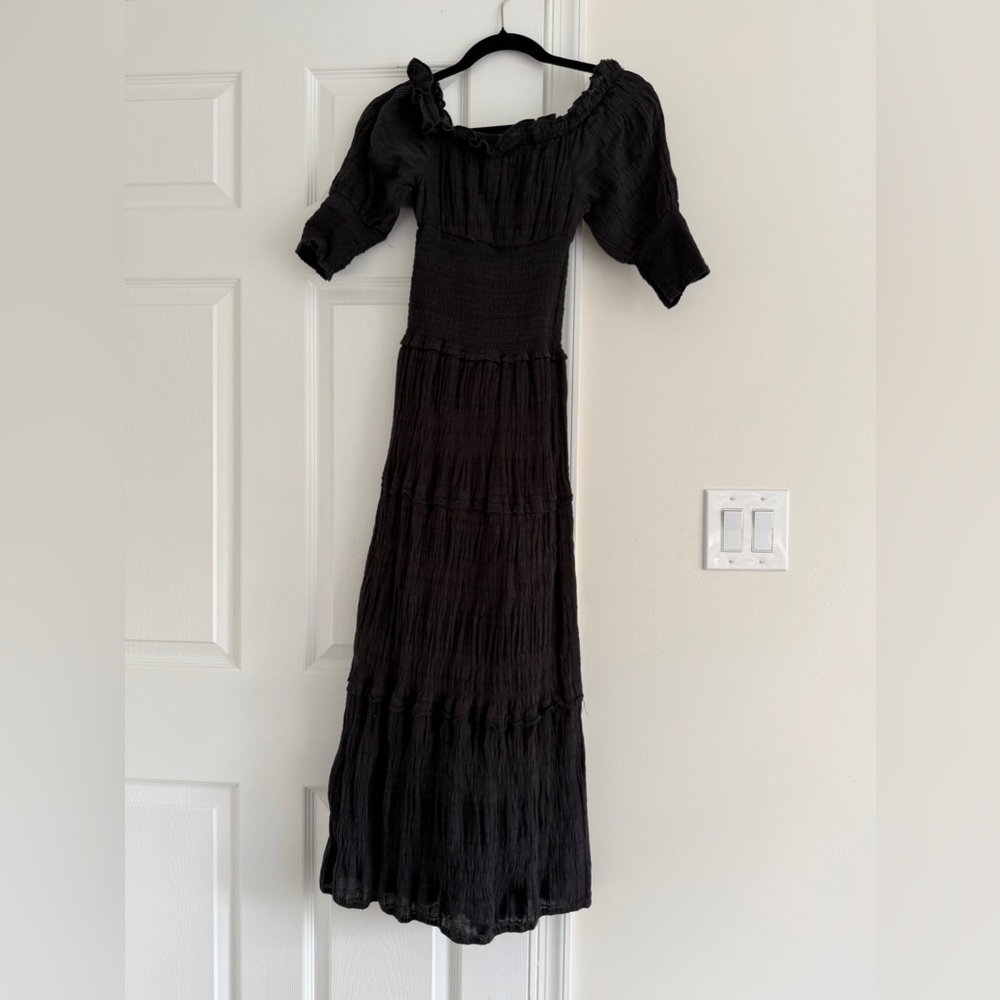 Black Smocked Maxi Dress with Puff Sleeves